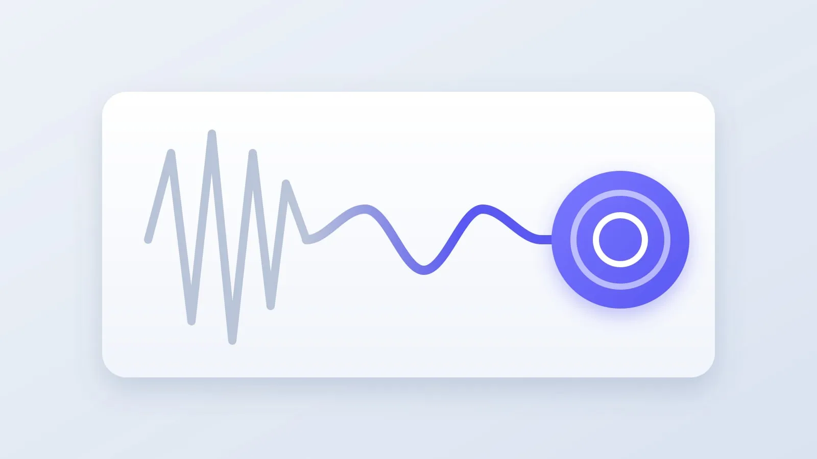 Illustration of a jagged gray pulse line that smooths into a calm indigo wave and ends at a badge with two white rings, representing racing anxiety settling into slow breathing.