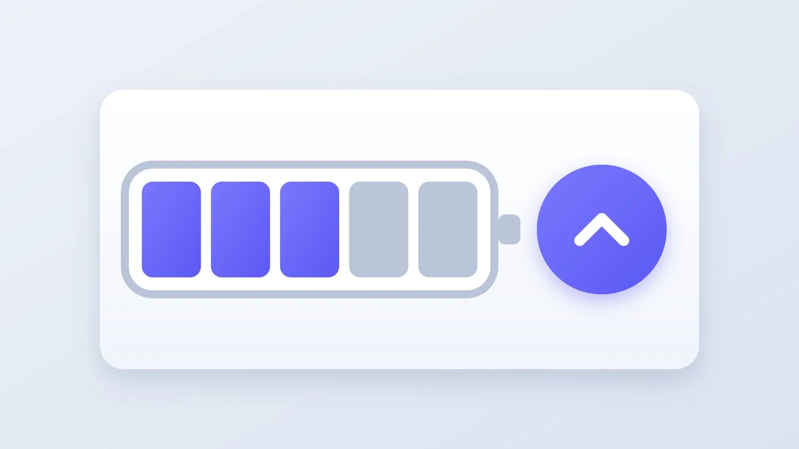 Illustration of a battery meter with five segments, three filled in indigo, beside a round indigo badge with an upward chevron, representing gradual recovery.